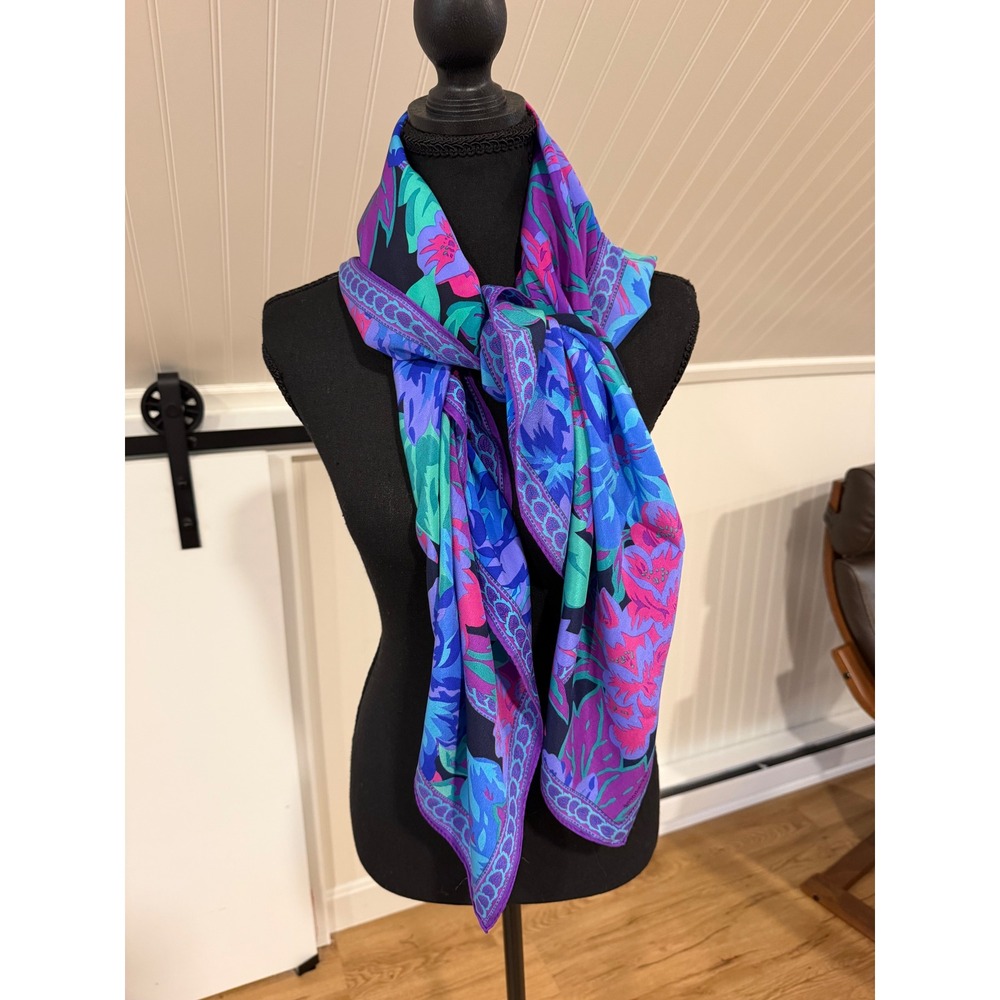 Liz Claiborne Vintage 80s Large Square Scarf Purple Blue Teal Floral Print 40x40